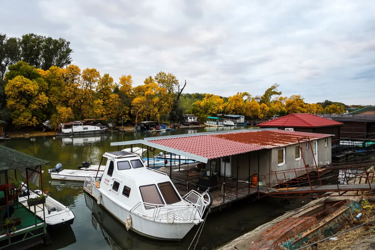 BookNoFees example image: A houseboat at a jetty with autumnal trees on the riverbank