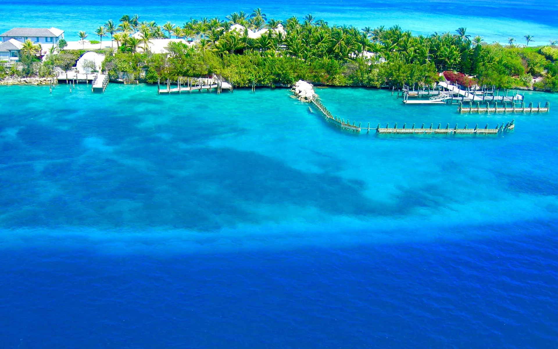 Aerial view of the Nassau coastline with turquoise waters